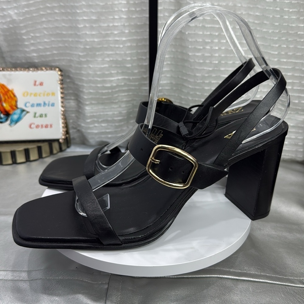 (C2) Zara Black NWT Leather Heeled Buckle Sandals, Size 41/10 USA - Picture 5 of 16